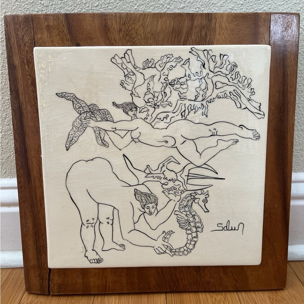 Vntg Mid Century Modern Figure Art Ceramic Handmade Signed Wood Frame